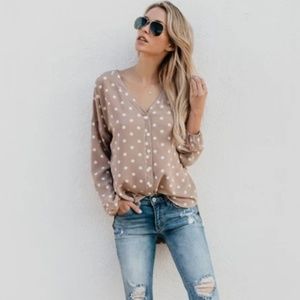 Hi-Lo Polka Dot Tan Blouse